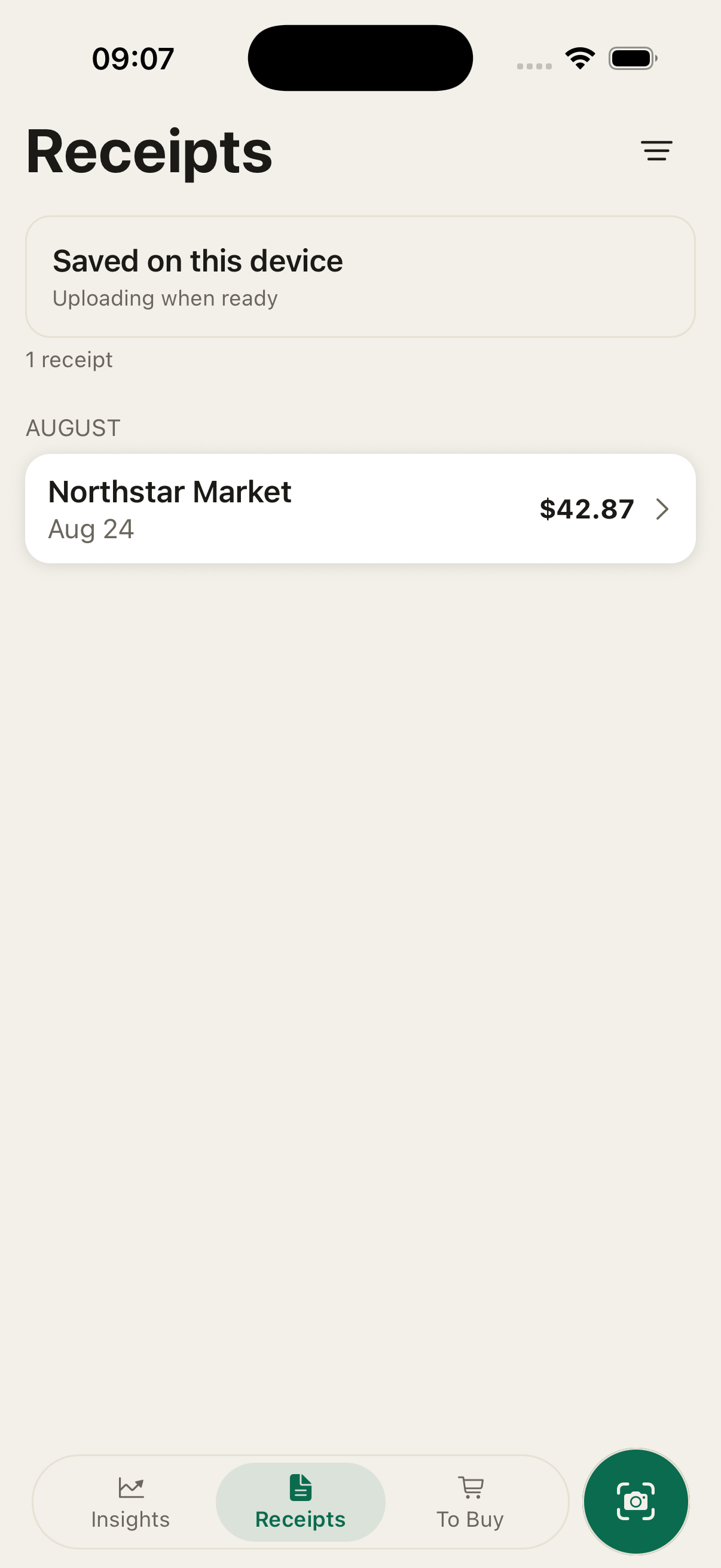 Cost of Life receipt archive showing a Northstar Market receipt saved on this device and uploading when ready