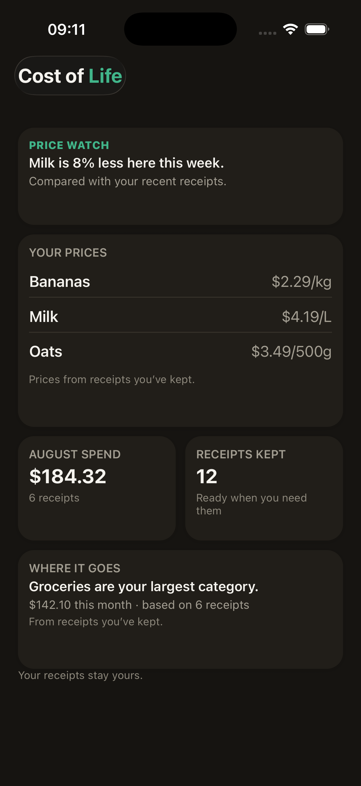 Cost of Life personal insights showing spending and personal price changes over time